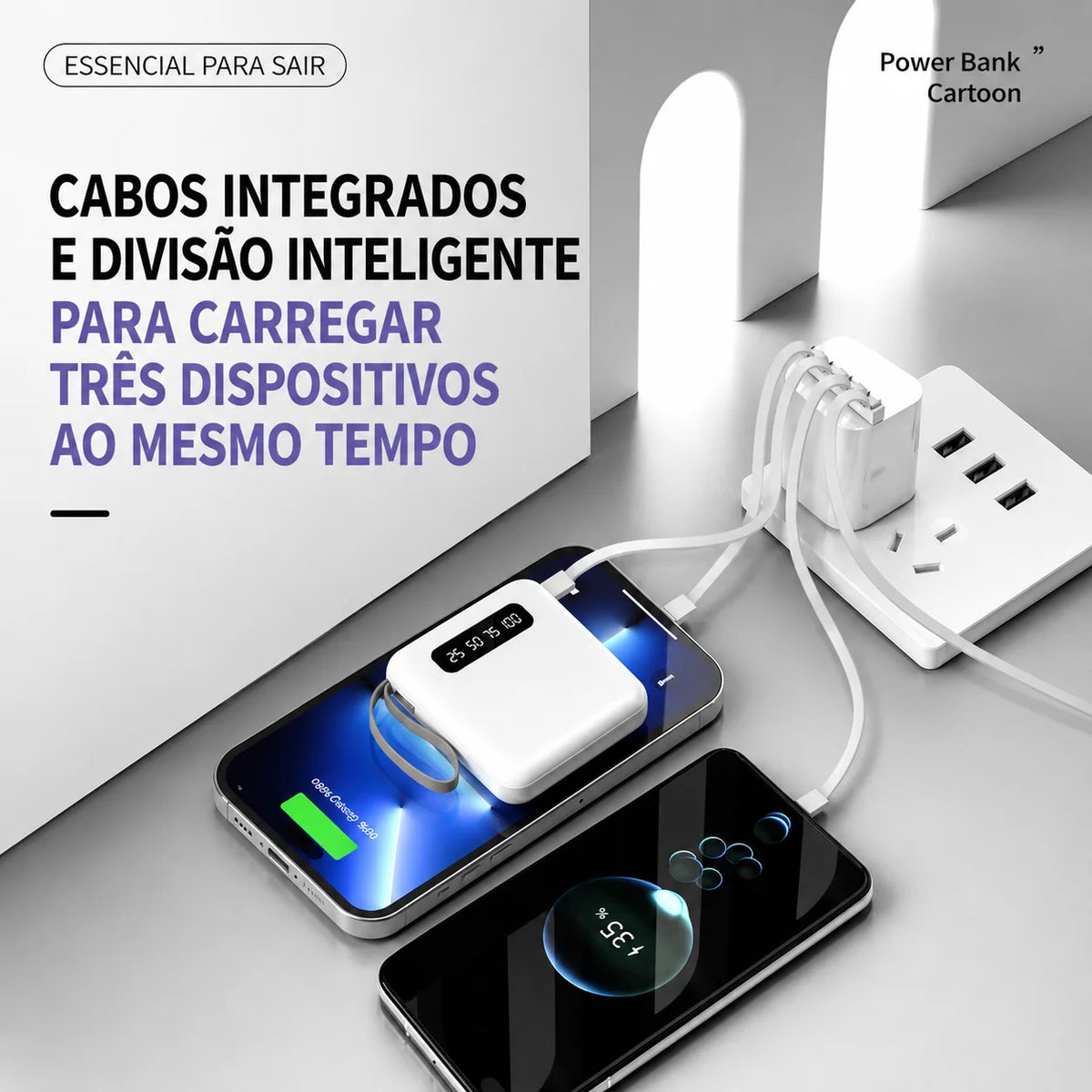 Power Bank 10000mAh com 4 Cabos Integrados