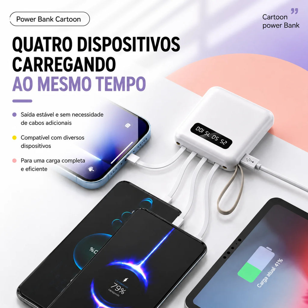 Power Bank 10000mAh com 4 Cabos Integrados