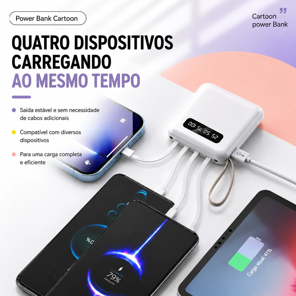 Power Bank 10000mAh com 4 Cabos Integrados