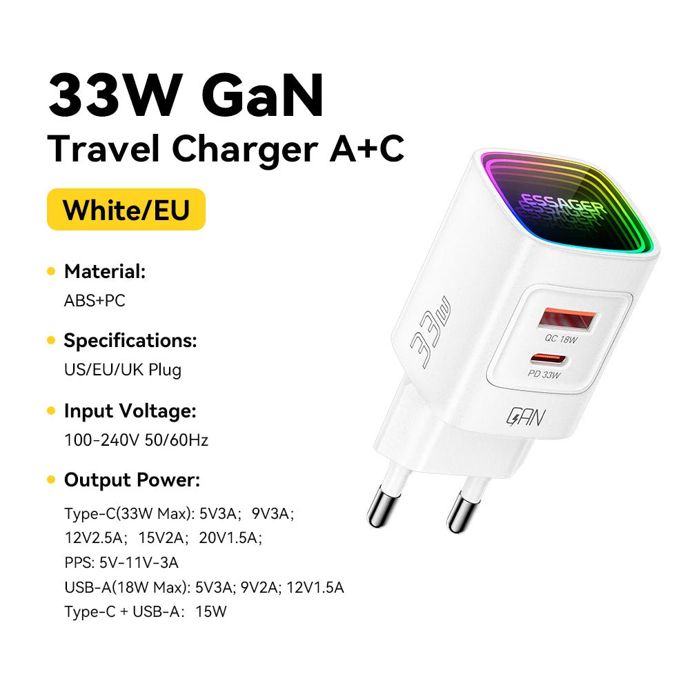 Carregador GaN Essager 33W USB-C Fast Charge