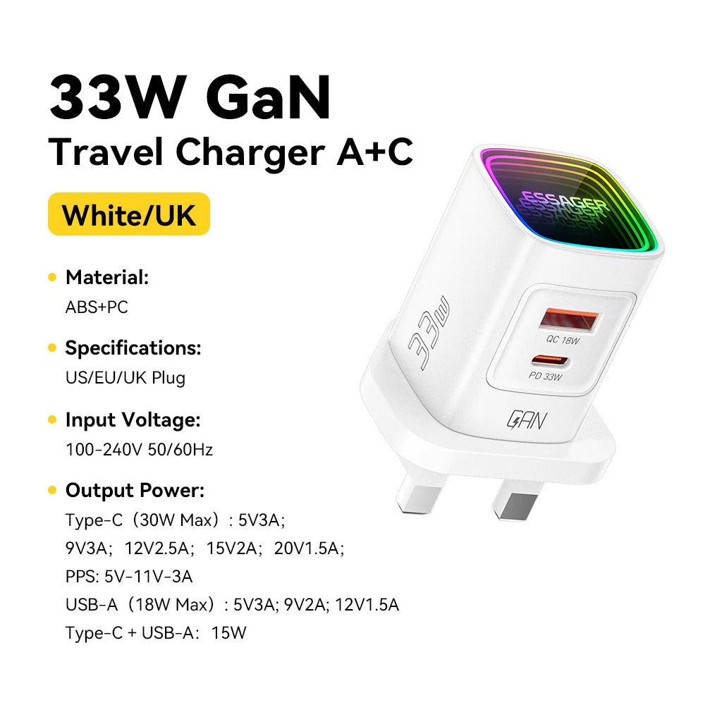 Carregador GaN Essager 33W USB-C Fast Charge