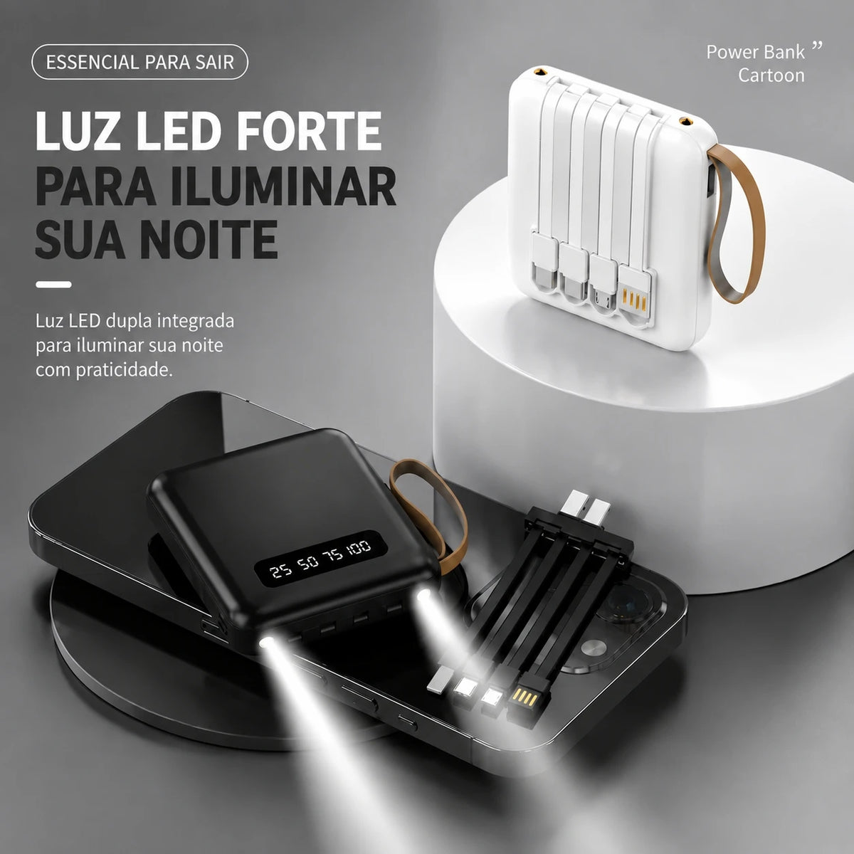 Power Bank 10000mAh com 4 Cabos Integrados