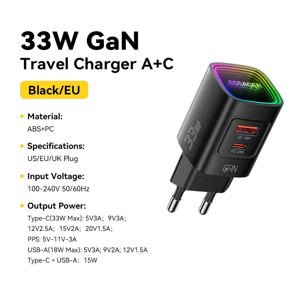 Carregador GaN Essager 33W USB-C Fast Charge