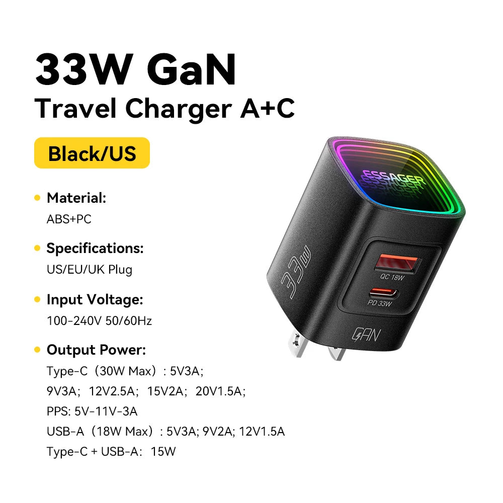 Carregador GaN Essager 33W USB-C Fast Charge