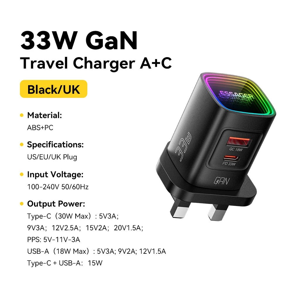 Carregador GaN Essager 33W USB-C Fast Charge